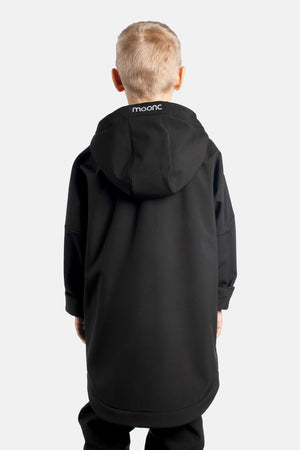 Child wearing a black softshell jacket with 'moonc' branding on the hood back against a white background