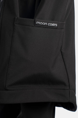 Black jacket with 'moon coats' logo on a white background