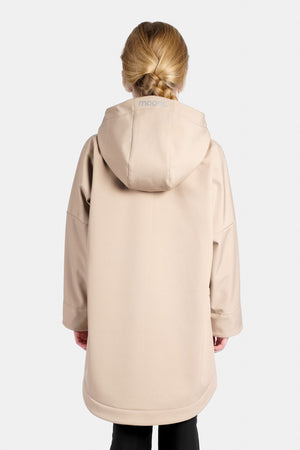 Beige jacket with a hood worn by girl on a white background