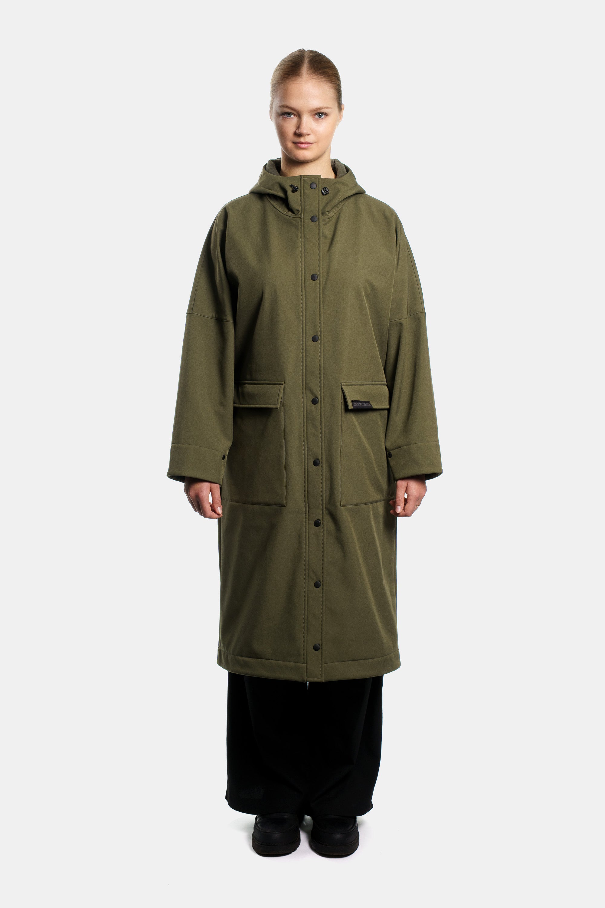 Minimalistischer khakifarbener Softshell-Regenmantel für Damen und Herren