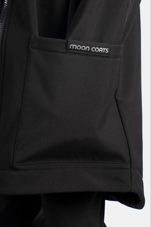 Black jacket with 'moon coats' logo on a white background