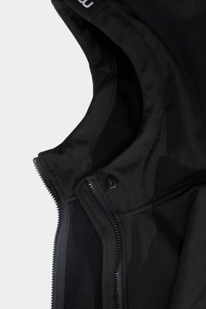 Close-up of a black jacket with a zipper on a light gray background